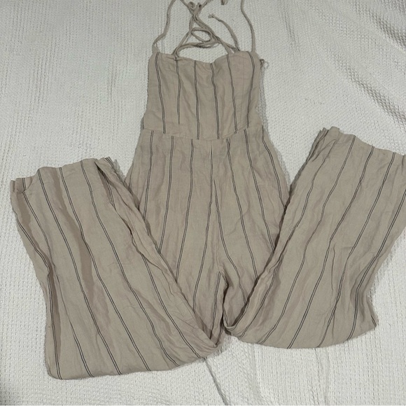 Reformation 100% Linen Elm Jager Jumpsuit size 8 striped blue jumpsuit open back - Picture 6 of 11